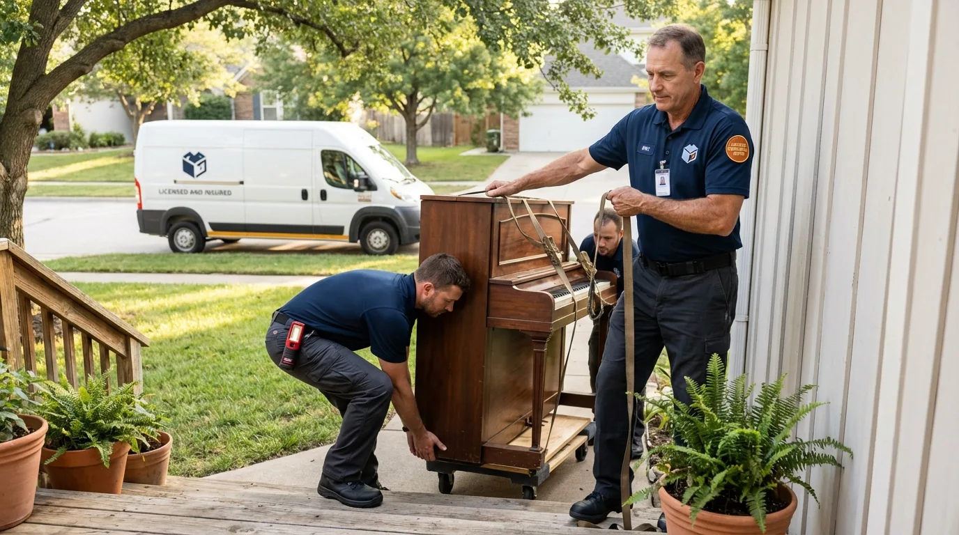 Licensed piano movers securing grand piano in Cokato, MN