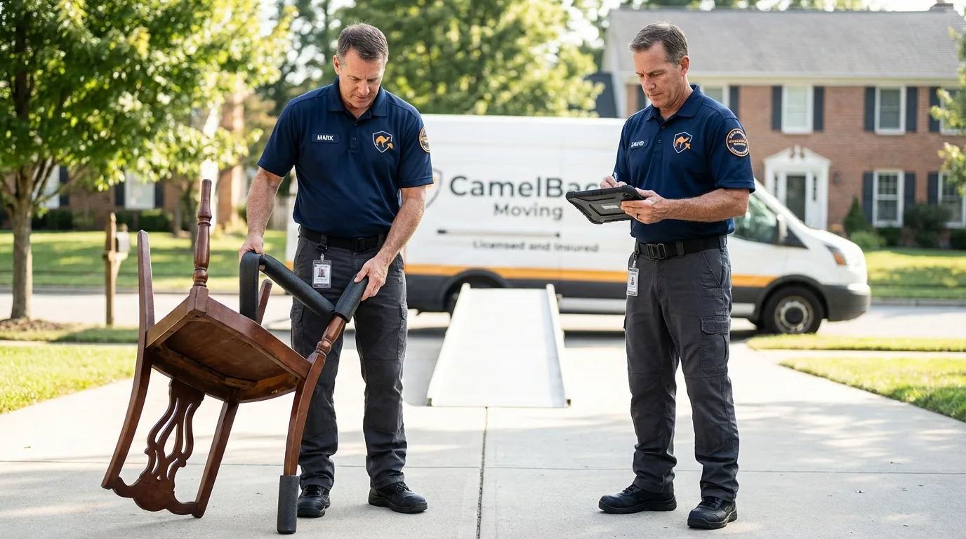 Movers inspecting furniture for damage prevention before loading in Cokato, MN